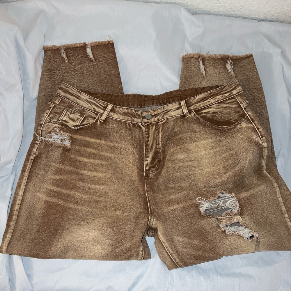 Tan/gold Distressed Straight Leg Jeans